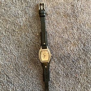 Fossil black leather dainty jeweled watch